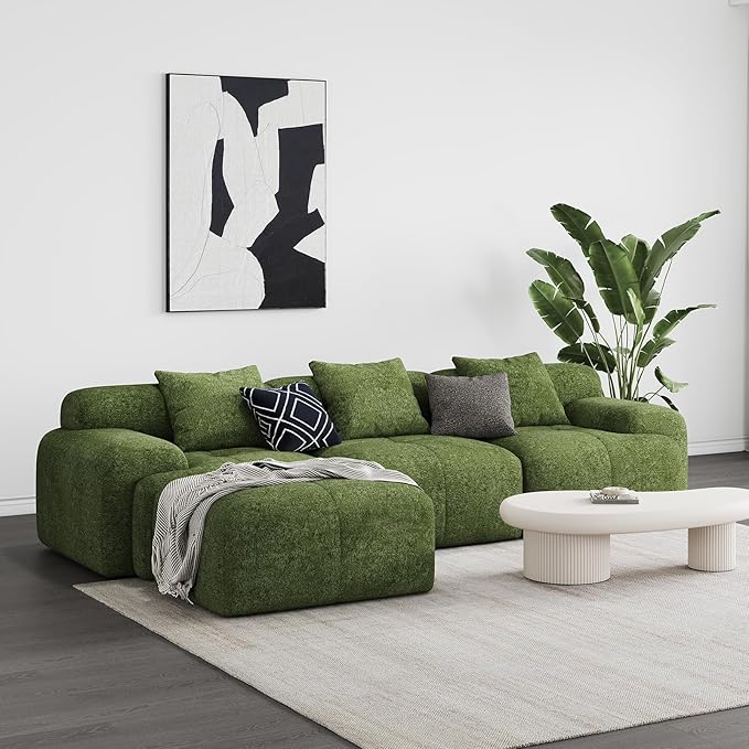 Modern L-Shaped Modular Sectional Sofa for Living Room，Oversized 3-Seater Couch with Deep Seat and Movable Ottoman – No Assembly,Comfortable Suede Fabric Boneless Sofa (Dark Green)