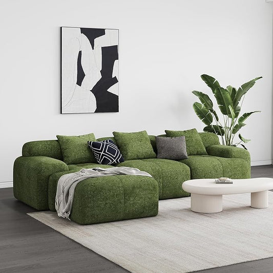 Modern L-Shaped Modular Sectional Sofa for Living Room，Oversized 3-Seater Couch with Deep Seat and Movable Ottoman – No Assembly,Comfortable Suede Fabric Boneless Sofa (Dark Green)