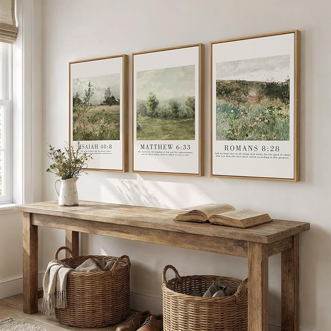 Framed Vintage Christian Wall Art Set of 3, Rustic Wildflower Landscape Bible Verse Canvas Prints, Neutral Beige Scripture Decor for Living Room Bedroom Office Prayer Room, 16x24 Inch
