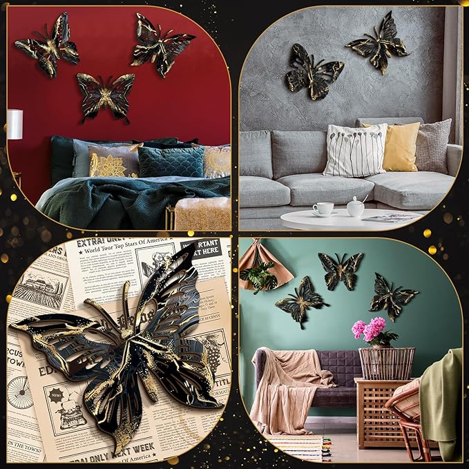 Qunclay 4 Pcs Wooden Butterfly Wall Decor Large Butterfly Wall Art Boho Home Hanging Modern Sculpture Decorations Modernist Signs for Living Room Bathroom Yard Gallery Indoor Outdoor(Black, Gold)
