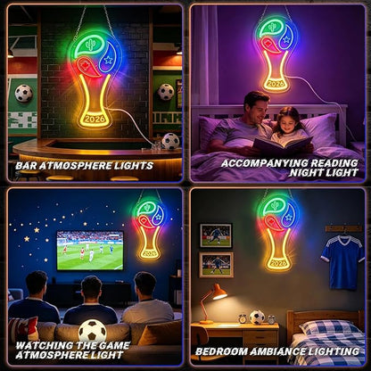 2026 Soccer World Cup Neon Sign for Wall Decor - Dimmable LED Neon Light with Hanging Chain & Hooks, Soccer Trophy Shape Light Up Sign for Bar, Game Room, Sports Fan Man Cave Party Decorations