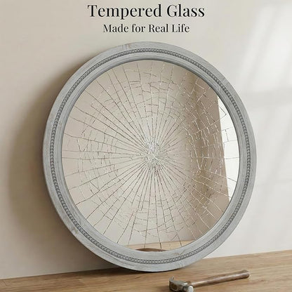 30 Inch Round Farmhouse Mirror for Bathroom Vanity, Distressed Grey Solid Wood Wall Mirror - Rustic Weathered Gray Beaded Circle Mirror for Industrial Decor