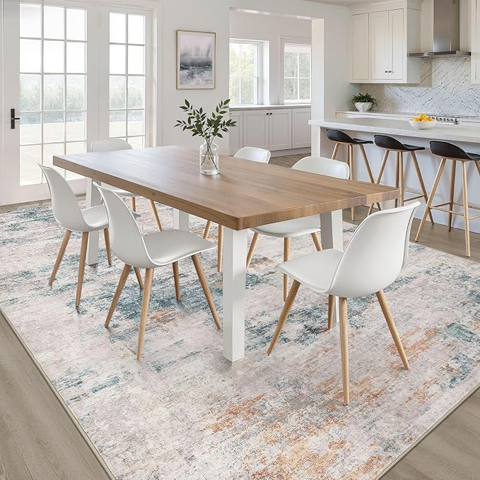 8x10 Area Rugs Living Room: Washable Large Neutral Aqua Brown Rug Abstract Soft Modern Stain Resistant Indoor Floor Non-Slip Carpet for Bedroom Nursery Kids Office Playroom Dining Room Under Table