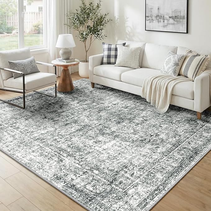 CAPALOCA Machine Washable Rugs Nursery Rug 4x6 Cute Girl Non Slip Low Pile Water Repellent Soft Print Pattern for Bedroom Indoor Decor Kids Playroom Grey