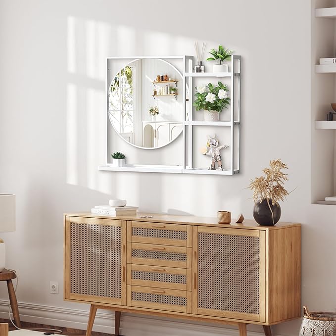 White Metal Framed Bathroom Mirror with Shelf, 31" X 24.4" Rectangular Wall Mounted Bathroom Vanity Mirror, Modern Bathroom Mirror with Storage for Over Sink, Entryway
