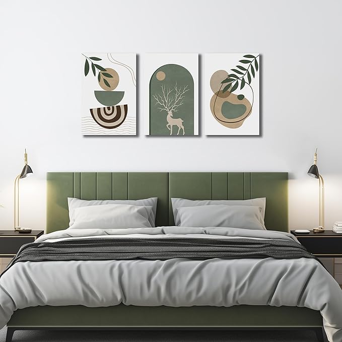 Boho Sun Canvas Wall Art Set of 3, Neutral Abstract Minimalismt Bohemian Geometric & Botanical Plants Pictures Prints Artwork Paintings Wall Decor for Bedroom Living Room Home Decoration 16x24 inches