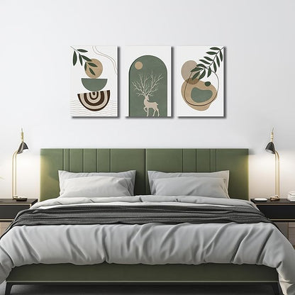 Boho Sun Canvas Wall Art Set of 3, Neutral Abstract Minimalismt Bohemian Geometric & Botanical Plants Pictures Prints Artwork Paintings Wall Decor for Bedroom Living Room Home Decoration 16x24 inches