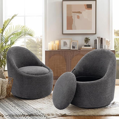 COLAMY Swivel Accent Chair, 360° Swivel Chair with Hidden Storage, Modern Small Barrel Swivel Armchair for Living Room/Bedroom, Dark Grey