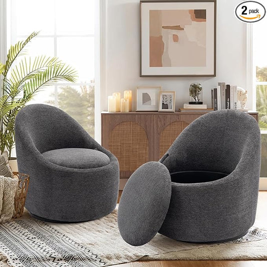 COLAMY Swivel Accent Chair Set of 2, 360° Swivel Chair with Hidden Storage, Modern Small Barrel Swivel Armchair for Living Room/Bedroom, Dark Grey
