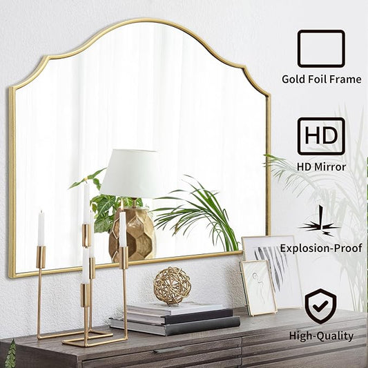 Besdomus Gold Scalloped Wall Mirror: 40"x29" Large Modern Minimalist Bathroom Mirror - Decorative Vanity Arched for Dresser/Entryway/Fireplace/Mantle/Living Room - Home Decor for Housewife