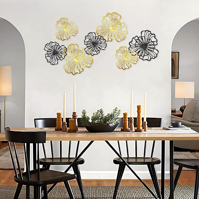 7 Piece Metal Wall Decor for Living Room, Boho Double Layered Iron Flower Wall Hanging Art, Aesthetic Indoor Metal Wall Sculpture Decor for Bedroom Kitchen Bathroom Farmhouse Home Office, Gold-Black