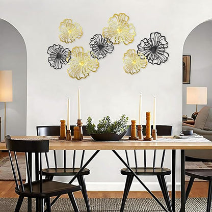 7 Piece Metal Wall Decor for Living Room, Boho Double Layered Iron Flower Wall Hanging Art, Aesthetic Indoor Metal Wall Sculpture Decor for Bedroom Kitchen Bathroom Farmhouse Home Office, Gold-Black