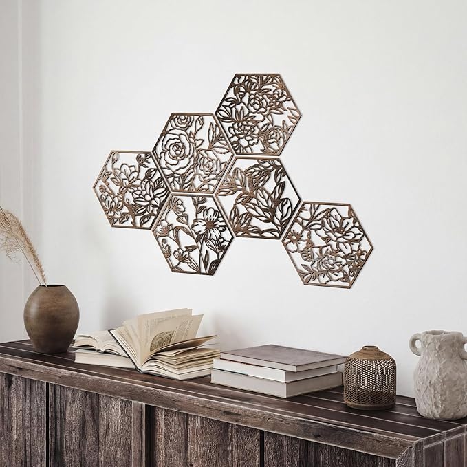 BreezeHug 6 Pcs Flowers Wooden Wall Art Decor Hexagon Hollowing out Boho Flower Sculpture Sign Ornament Modern Wooden Wall Art Decoration Hanging Set for Living Room Bedroom Farmhouse (11"x 10")