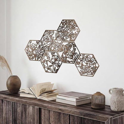 BreezeHug 6 Pcs Flowers Wooden Wall Art Decor Hexagon Hollowing out Boho Flower Sculpture Sign Ornament Modern Wooden Wall Art Decoration Hanging Set for Living Room Bedroom Farmhouse (11"x 10")