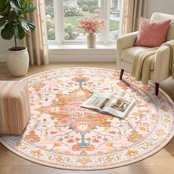 RELEANY Area Rugs Round 4ft Washable Non-Slip, Floral Vintage Distress Print Pattern Medallion Carpet for Living Room Bedroom Dining Room, Light Pink Colorful