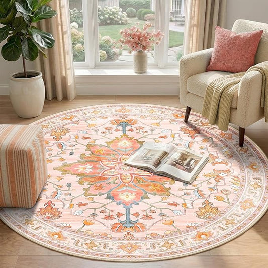 RELEANY Area Rugs Round 4ft Washable Non-Slip, Floral Vintage Distress Print Pattern Medallion Carpet for Living Room Bedroom Dining Room, Light Pink Colorful