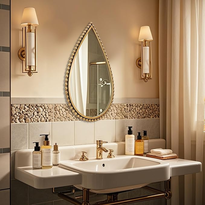 24x36 Inch Large Teardrop Wall Mirror with Bold Antique Gold Beaded Iron Metal Frame, Pointed Arch Vertical Vanity Mirror for Bathroom, Entryway, Bedroom, Living Room Wall Mounted
