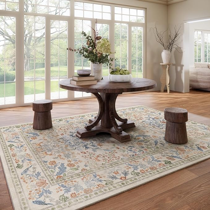 8x10 Area Rugs for Living Room: Washable Bedroom Rug Vintage Area Rug Stain Resistant Non Slip Low Pile Lightweight Soft Carpets Rug for Dining Room Kitchen Nursery Kids Room Farmhouse Indoor