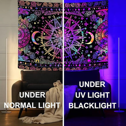 Leeisysme Hippie Sun and Moon Tapestry, Blacklight UV Reactive Neon Tie Dye Celestial Wall Hanging for Living Room Bedroom Home Decor, Purple 36x48 inches