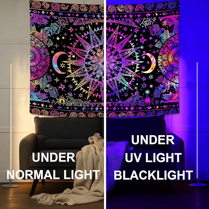 Leeisysme Hippie Sun and Moon Tapestry, Blacklight UV Reactive Neon Tie Dye Celestial Wall Hanging for Living Room Bedroom Home Decor, Purple 60x80 inches