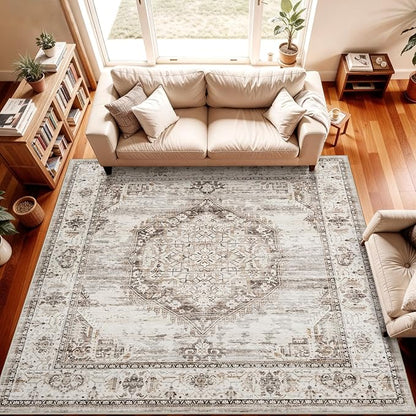 7x7 Area Rug Washable Living Room Rugs: 7ft Square Ultra Thin Soft Oriental Area Rugs Non-Slip Backing Farmhouse Rug Low Pile Thin Stain Resistant Indoor Carpets, 7' x 7' Beige