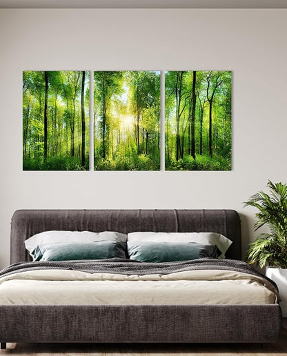 HLJ ART Forest Wall Art: 3 Panel Green Tree Pictures Canvas Wall Art, 20x30 Inch, Sunrise Prints Scenery Wall Art Hanging Wall Mural Nature Art Wall Decor for Bedroom, Living Room, Office