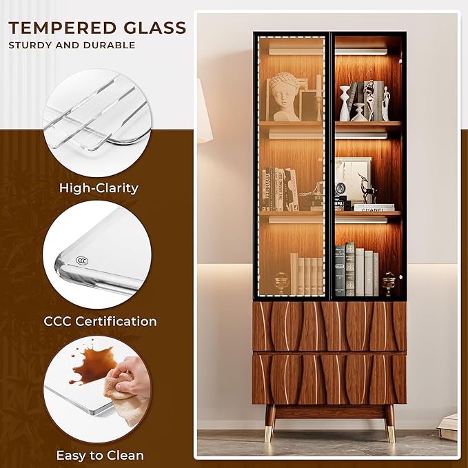 125" Walnut Finish Entertainment Center for 55/65/75 inch TV, Included 78.7'' TV Stand and 2 Glass Display Cabinet, 3-Piece Brown Mid Century Modern Wood Media Console for Living Room