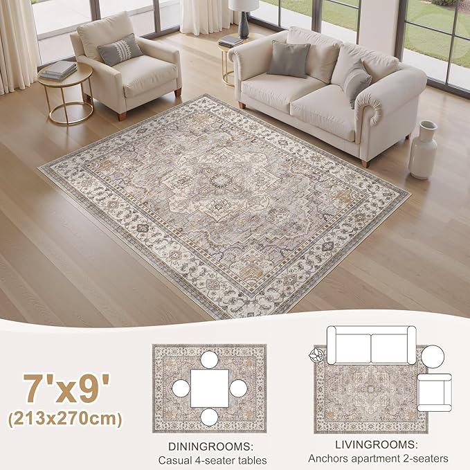 EIEIHOUSE Washable Area Rugs for Living Room - 7x9 Neutral Vintage Distressed Floral Farmhouse Boho Large Soft Floor Rug Indoor Non Slip Carpet for Living Room Bedroom Dining Room Office - Grey Brown