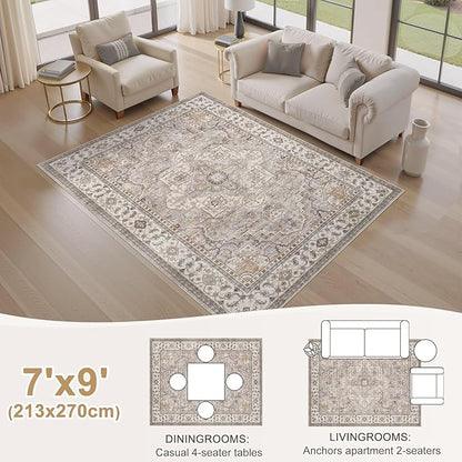EIEIHOUSE Washable Area Rugs for Living Room - 7x9 Neutral Vintage Distressed Floral Farmhouse Boho Large Soft Floor Rug Indoor Non Slip Carpet for Living Room Bedroom Dining Room Office - Grey Brown