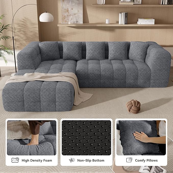 107" Boneless Couch with L - Shaped Chaise, Modern Chenille Modular Sectional Sofa with Tufted Design, Comfy Upholstered Sofa, No - Assembly Sectional Couch, Dark Grey