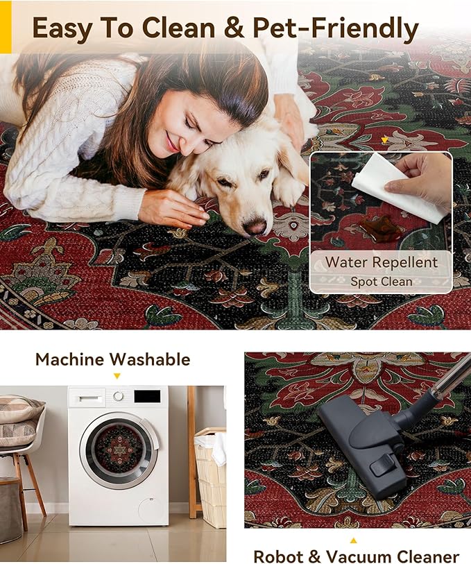 RELEANY Area Rugs Round 5ft Washable Non-Slip, Floral Vintage Distress Print Pattern Medallion Carpet for Living Room Bedroom Dining Room, Red Black