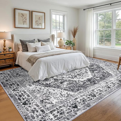 KOZYFLY Boho Area Rug 9x12 Ft Thin Rugs for Living Room Washable Bedroom Rug Non Slip Rugs for Dining Room Printed Faux Wool Area Rug Floor Carpet for Dining Room Living Room, Grey