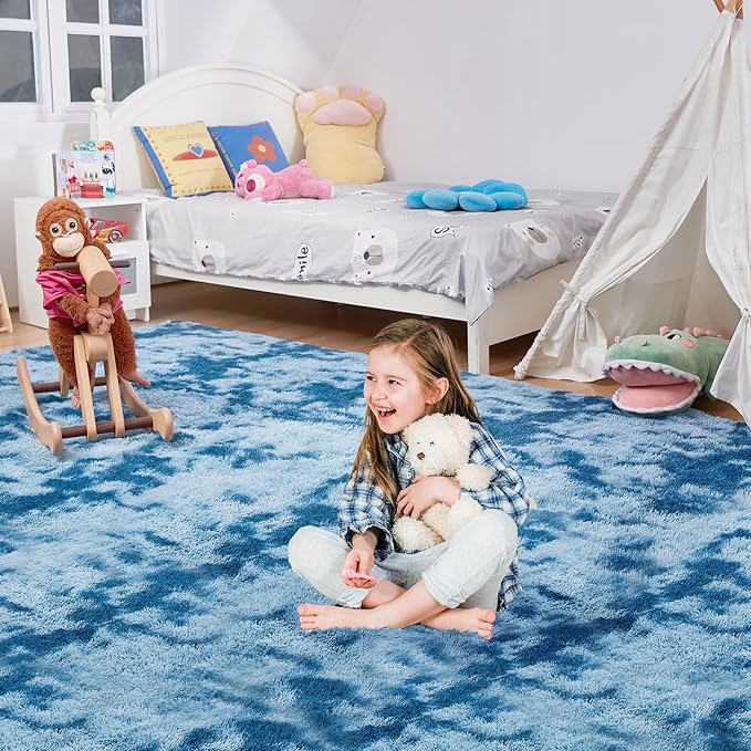 Ultra Soft Rug for Living Room, 5X8 Fluffy Shag Area Rug for Bedroom, Modern Shaggy Carpets Fuzzy Rug for Teens Dorm Nursery Home Decor Aesthetic, Upgrade Anti-Skid Durable, Tie-Dyed Blue Grey