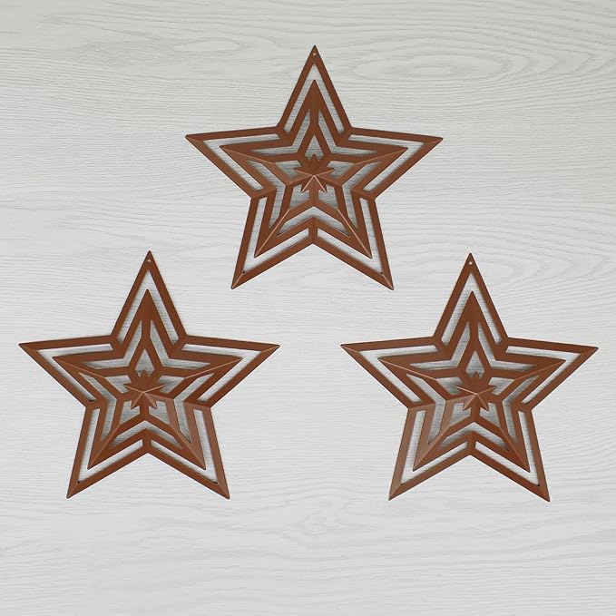 CVHOMEDECO. Primitives Rustic Antique Vintage Gifts Cut-Outs Metal Barn Star for Wall/Wreath/Door Decor, 8-Inch, Set of 3.(Brown)