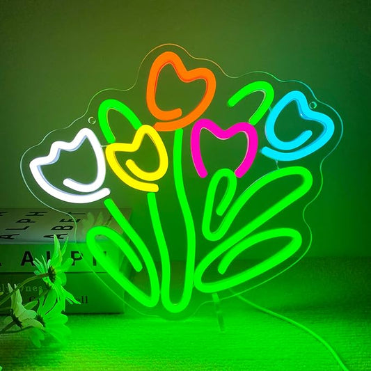 Dracey Tulip LED Neon Sign, Dimmable LED Tulip Flower Neon Light Signs, Florist Bunch Store Shop Bedroom Club Wall Decor, Gift for Mother's or Valentine's Day(13 * 11.4 in)