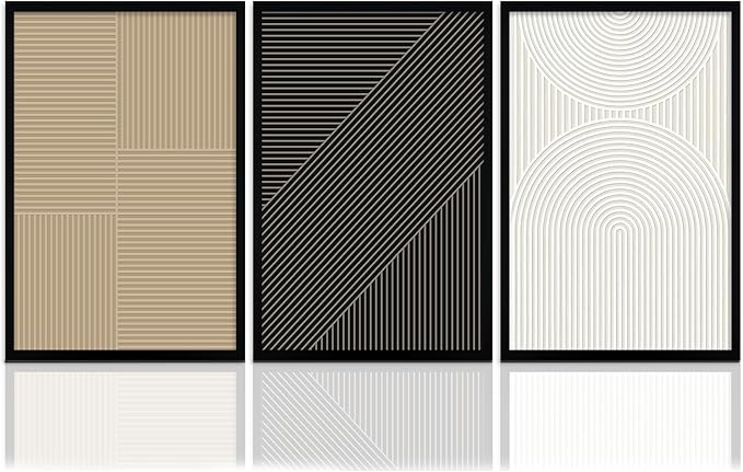 FWAHREN Framed Modern Abstract Minimalist Neutral Canvas Wall Art Set of 3, Geometric Textured Line Mid Century Prints Artwork, Contemporary Japandi Wall Decor, Living Room Bedroom Office, 16x24in