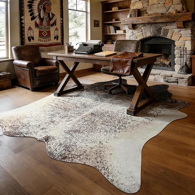 8x10 Large Cowhide Rug, Washable Faux Brown and White Hide Area Rugs for Living Room, Classic Western Brindle Animal Print Carpet for Under Dining Table, Synthetic Vegan Leather Decor