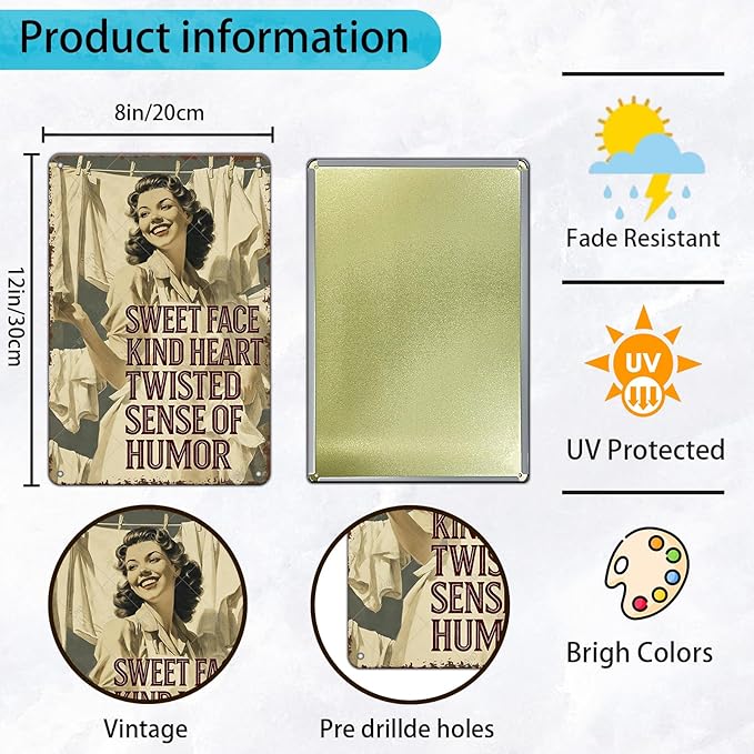 Laundry Room Wall Decor Sweet Face Kind Heart Twisted Sense Of Humor Metal Tin Sign Farmhouse Rustic Art Plaque Rustic Laundry Decor 12x8 Inch
