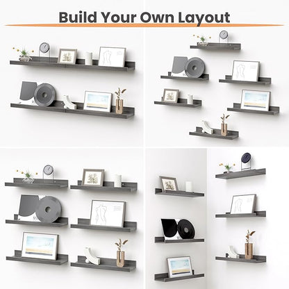 upsimples Floating Shelves for Wall, Wall Shelves for Decor Storage Set of 6, Wall Mounted Wood Shelf for Bedroom, Living Room, Bathroom, Kitchen, Picture Ledge Shelf, Grey