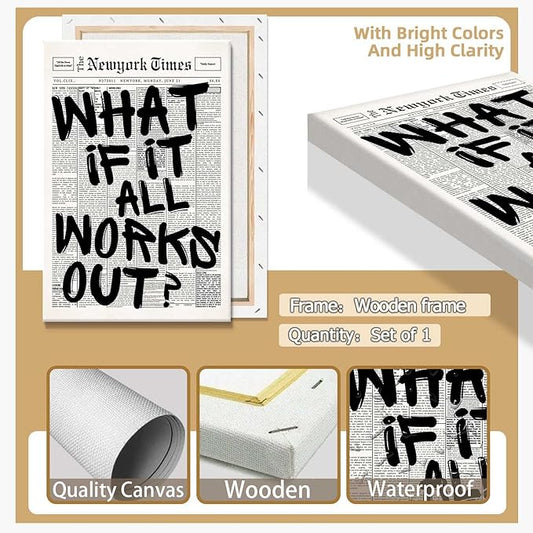 Drimiler Retro Black And White Newspaper Poster What If It All Works Out Canvas Wall Art Positive Affirming Quote Minimalist Prints Painting For Home Bedroom Dorm Wall Decor 8x12in Wframed