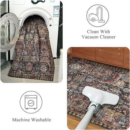 RUGSURE Washable Area Rugs - Perfect for Living Room, Bedroom, Kids Room, Nursery - Stain & Water Resistant Non-Slip, Pet & Child Friendly, Vintage Tribal Area Rugs (Rust, 9' x 12')