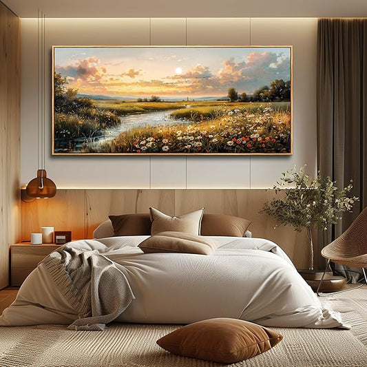 FUHAIHUA Wood Framed Canvas Wall Art For Living Room Large Wall Decor For Office Bedroom Decorations Sunset Landscape Pictures Farmhouse Painting Artwork Room Wall Mural Aesthetic Home Decor 32x72 In