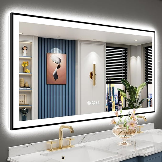 60x30 Black Framed LED Bathroom Mirror with Lights, Backlit and Front Lit Anti-Fog Lighted Vanity Mirrors for Bathroom Wall, Dimmable, 3 Colors, Memory, HD Tempered Glass, Horizontal/Vertical