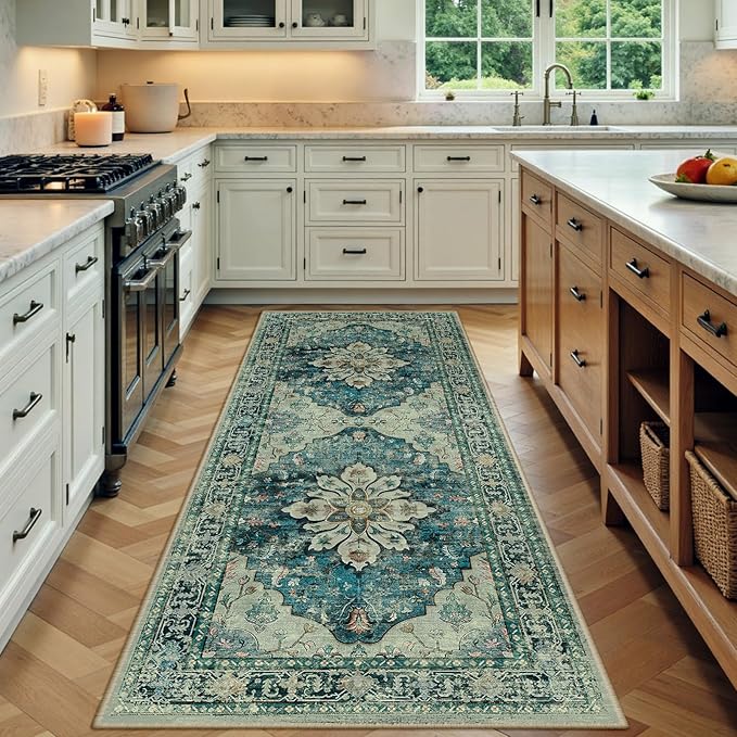 RELEANY Area Rugs 3'x8' Runner Rug Non Slip Washable for Kitchen Hallway Bedroom Beside Laundry Room Bathroom Rug, Floor Carpet, Dark Blue Vintage