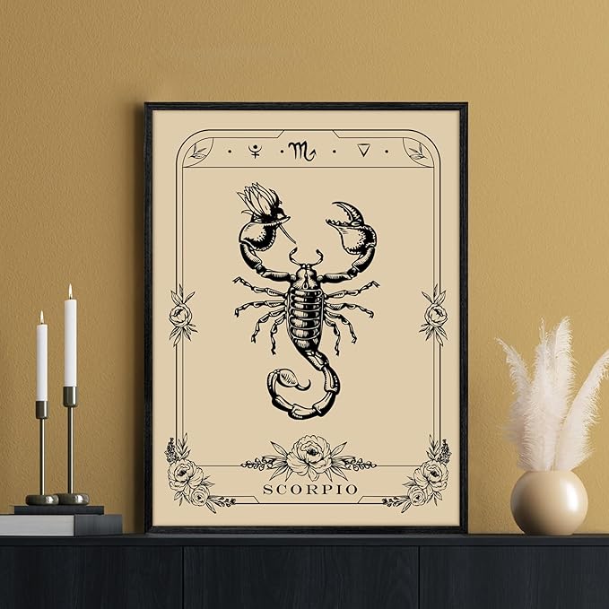 SERIMINO Witchy Framed Wall Art, Scorpio Tarot Canvas Prints Paintings, Horoscope Dark Academia Home Decor Aesthetic, 16x24inch Gothic Wall Decor for Room