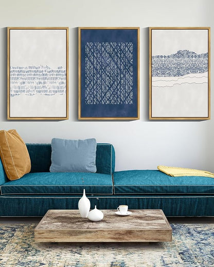 Drsoum Blue Abstract Boho Framed Wall Art Minimalist Mid-Century Modern Wall Decor Geometric Artwork Kitchen Dining Room 11x14in Natural Framed