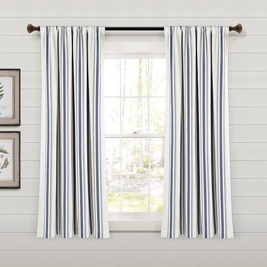 Lush Decor Farmhouse Stripe Yarn Dyed Eco-Friendly Recycled Cotton Window Curtain Panel Pair, 42" W x 63" L, Navy - Classic Modern Rustic Charm - Eco Friendly Cotton Fabric