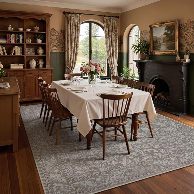 Lahome Bird Washable Rugs 8x10, Soft 8x10 Area Rugs for Living Room Bedroom, Non-Slip Stain Resistance Large Ultra-Thin Vintage Carpet for Dining Room Office, Hemp/Taupe