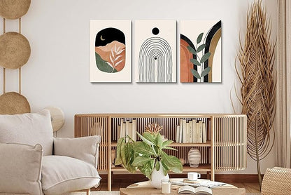 Boho Wall Art Prints Set of 3, Boho Wall Decor, Mid Century Modern Prints Sun Moon Leaf Mountain Canvas Wall Painting, Neutral Abstract Geometric Prints Canvas Artwork Prints for Bedroom Bathroom Living Room Office