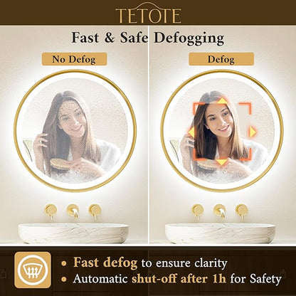 TETOTE Gold Round Led Mirror with Lights 24 Inch Metal Framed Round Circle Lighted Bathroom Vanity Mirror Wall Mounted, Front and Backlit 3 Color Stepless Dimmable Anti Fog, Shatterproof, CRI 90+